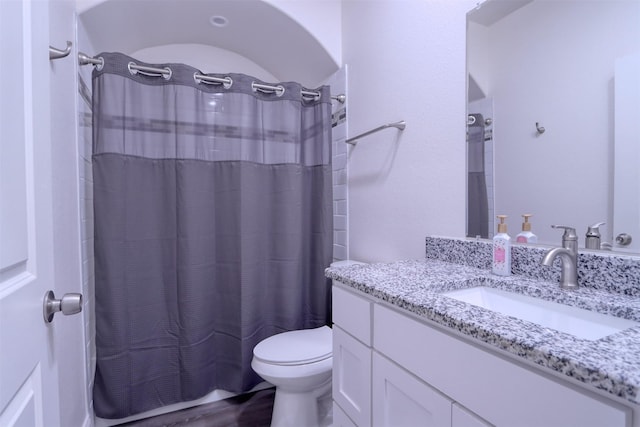 bathroom with vanity, hardwood / wood-style flooring, toilet, and curtained shower