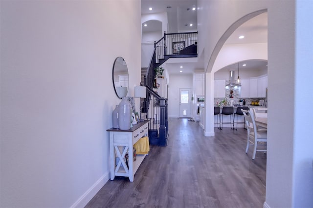 foyer with dark wood-type flooring and a high ceiling