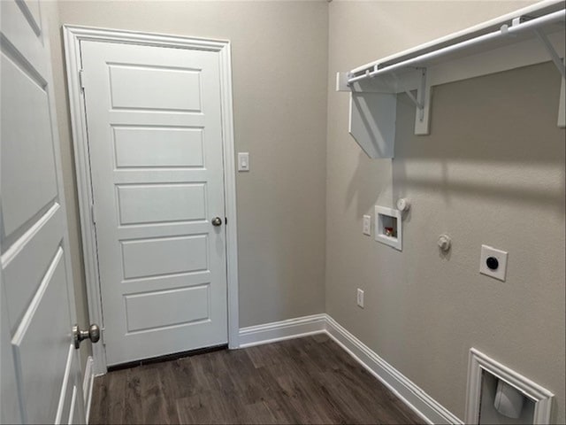 laundry area with hookup for an electric dryer, hookup for a gas dryer, dark wood-type flooring, and hookup for a washing machine