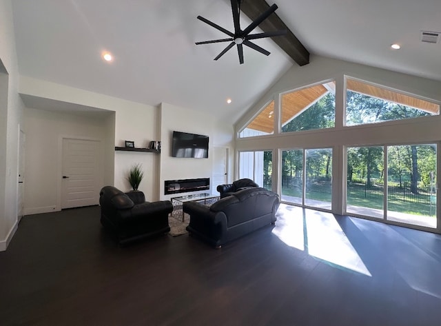 living room featuring high vaulted ceiling, ceiling fan, dark hardwood / wood-style floors, and beamed ceiling