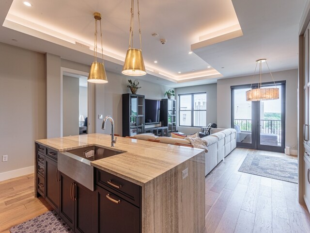 kitchen featuring light wood-type flooring, dark brown cabinets, sink, a tray ceiling, and a center island with sink