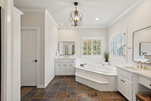 bathroom featuring a tub to relax in, vanity, and crown molding