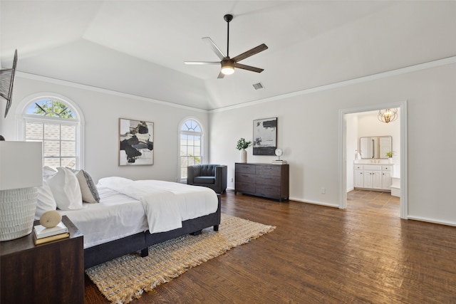 bedroom featuring ornamental molding, ceiling fan, dark hardwood / wood-style floors, and multiple windows