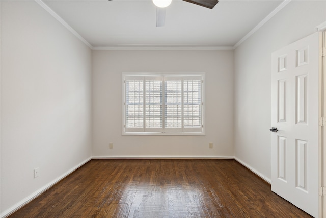 spare room with dark wood-type flooring, ceiling fan, and crown molding