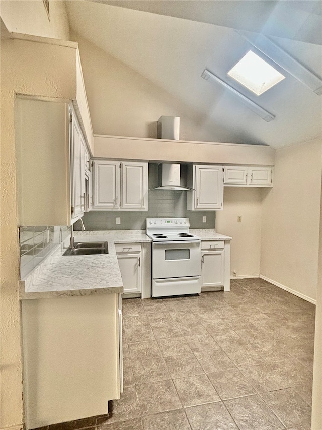 kitchen with wall chimney exhaust hood, lofted ceiling, white electric range oven, and sink