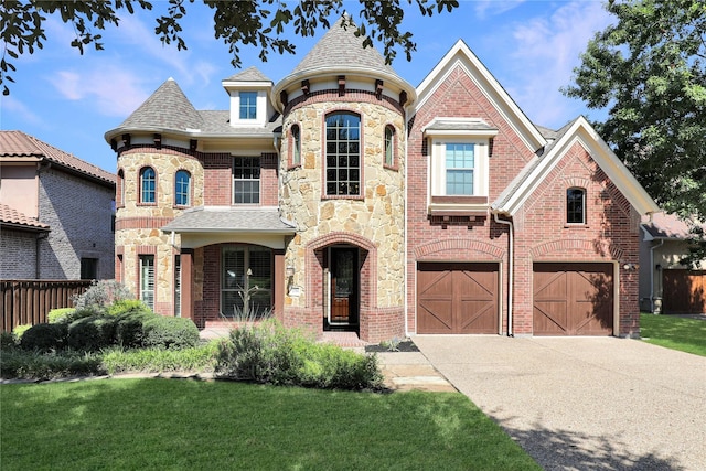 view of front facade featuring a front lawn, stone siding, concrete driveway, an attached garage, and brick siding