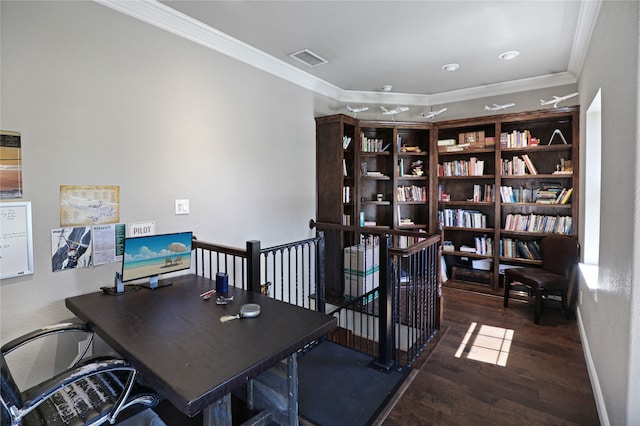 office area with dark hardwood / wood-style floors and ornamental molding