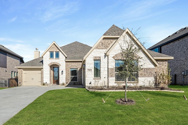 french provincial home featuring a garage and a front lawn