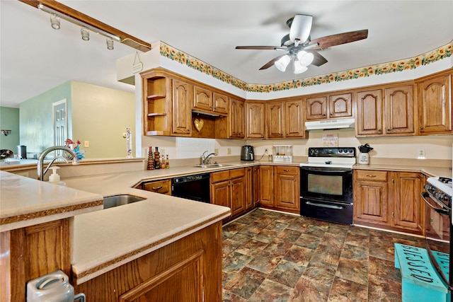 kitchen featuring range with electric cooktop, white range with gas stovetop, dishwasher, sink, and ceiling fan