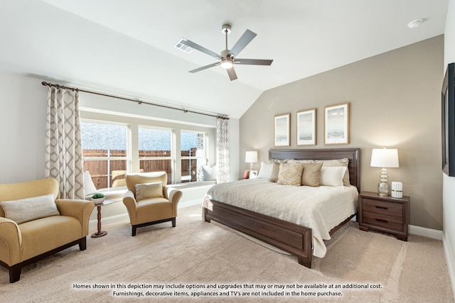 bedroom with light colored carpet, vaulted ceiling, and ceiling fan