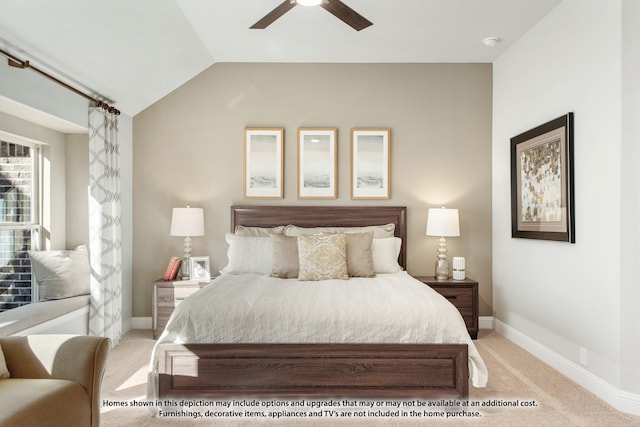 bedroom with ceiling fan, light carpet, and vaulted ceiling