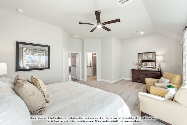 carpeted bedroom with lofted ceiling, ensuite bathroom, and ceiling fan