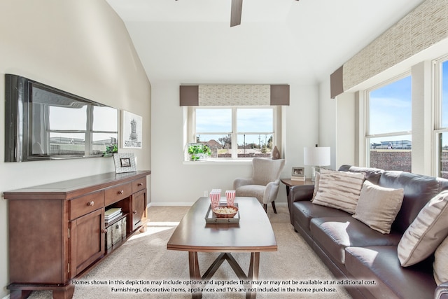 living room featuring lofted ceiling and light carpet