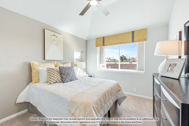 carpeted bedroom with lofted ceiling and ceiling fan