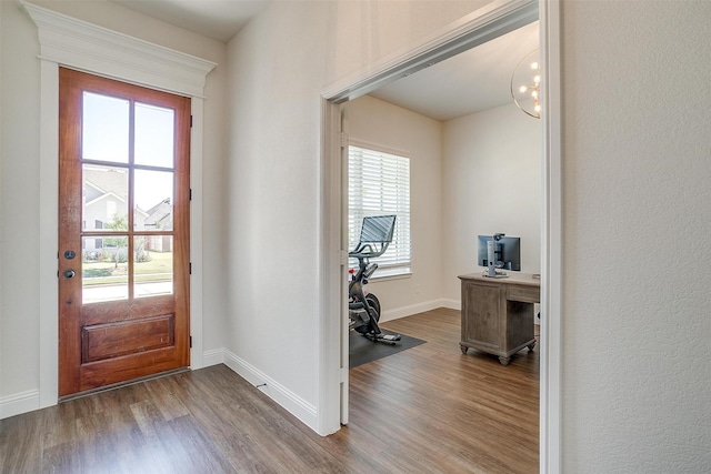 entryway with hardwood / wood-style floors and a notable chandelier