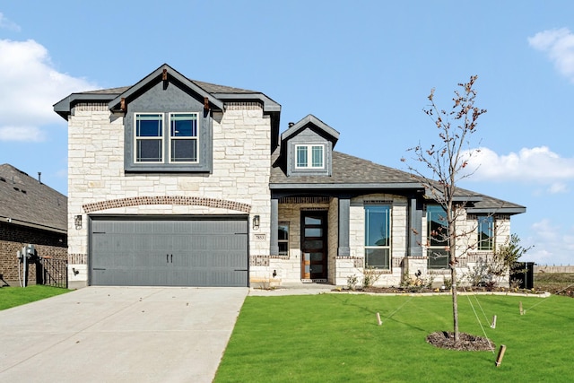 view of front of home with a garage and a front lawn