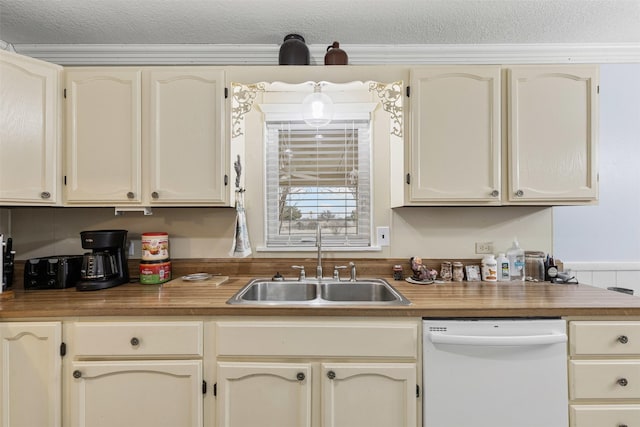 kitchen featuring a textured ceiling, white dishwasher, wood counters, and a sink