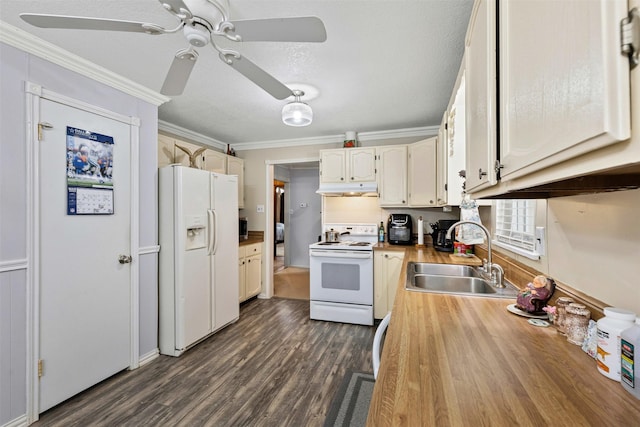 kitchen with dark wood-style floors, crown molding, a sink, white appliances, and under cabinet range hood