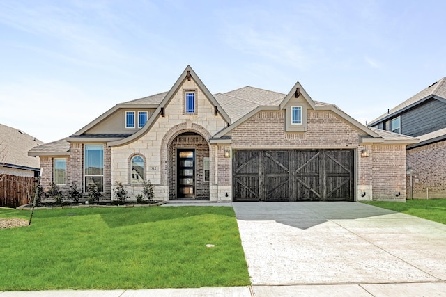 view of front of property featuring a garage, driveway, stone siding, a front lawn, and brick siding