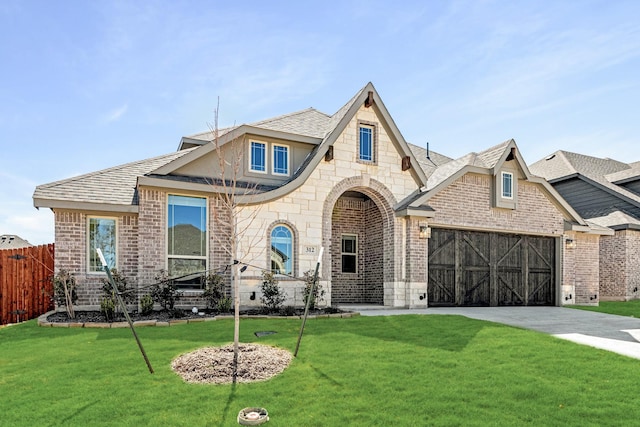 view of front of house featuring a front yard, brick siding, and fence