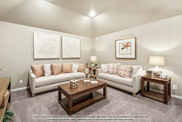 carpeted living room with lofted ceiling