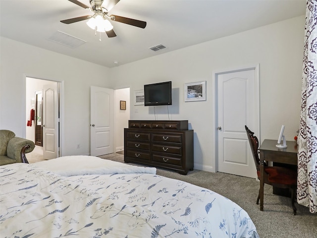 bedroom with ceiling fan and carpet