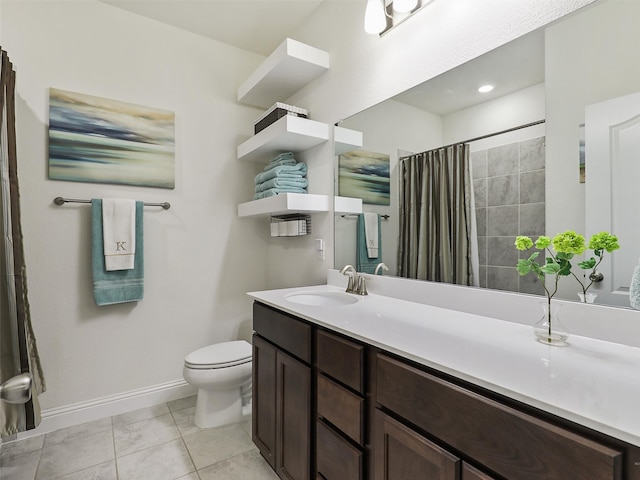 bathroom featuring curtained shower, tile patterned flooring, toilet, and vanity