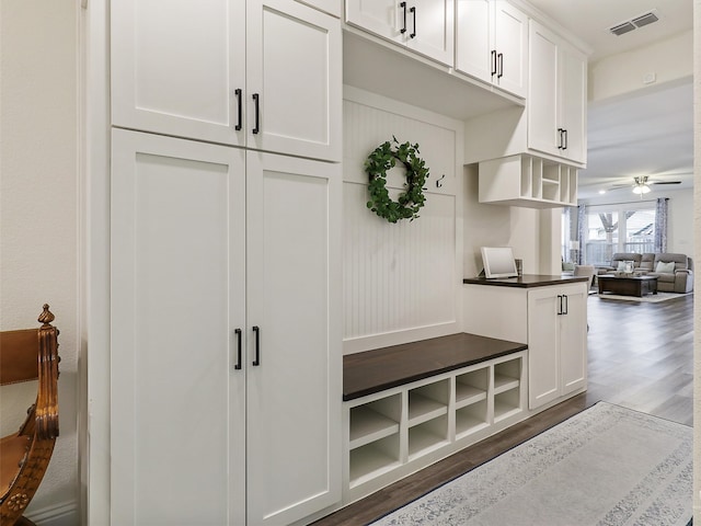 mudroom with dark hardwood / wood-style flooring and ceiling fan