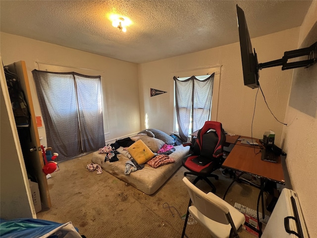 bedroom with a textured ceiling and carpet