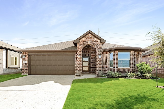 ranch-style home with a garage and a front lawn