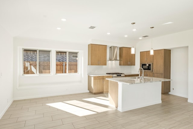 924 Alder Dr, Lavon, TX 75166 - kitchen with wall chimney range hood, brown cabinetry, built in microwave, tasteful backsplash, and a center island with sink