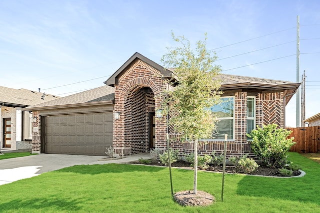 view of front of property with a garage and a front lawn