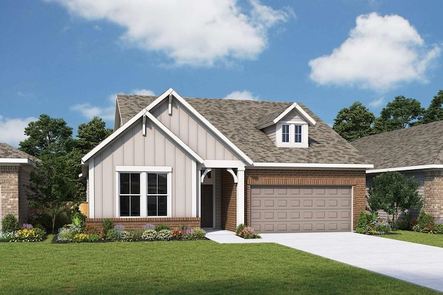 view of front facade featuring a front yard, driveway, brick siding, a garage, and board and batten siding