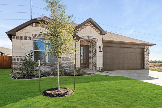 view of front of property with a garage and a front lawn