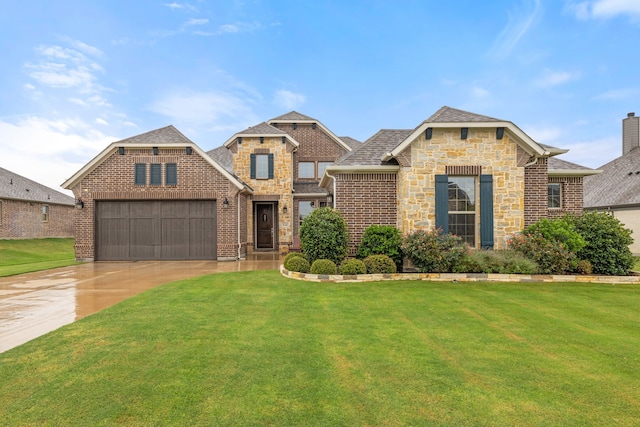 view of front of house featuring a garage and a front lawn