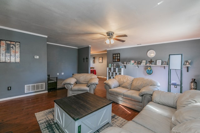 living room featuring crown molding, ceiling fan, and hardwood / wood-style floors