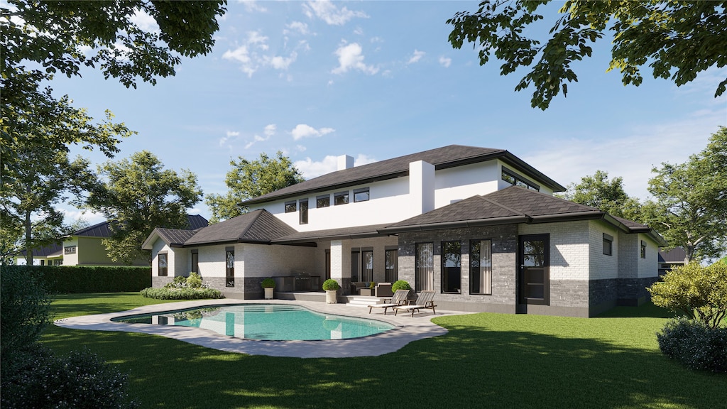 rear view of house with a fenced in pool, a yard, and a patio