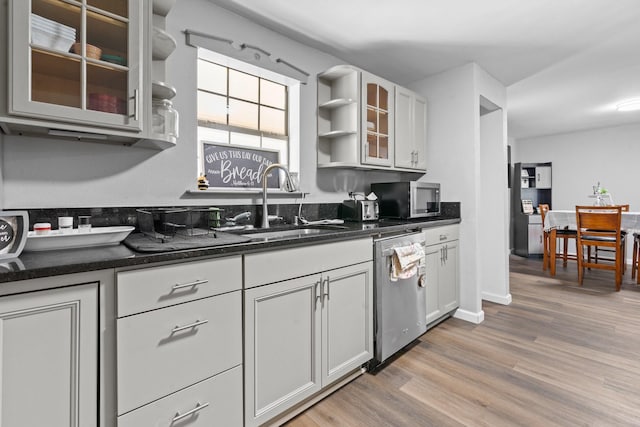 805 S 3rd St, Grandview, TX 76050 - kitchen with open shelves, glass insert cabinets, light wood-type flooring, a sink, and stainless steel appliances