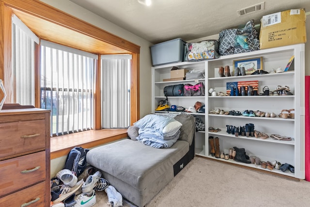 bedroom with light carpet