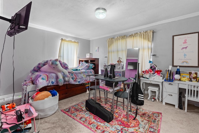 bedroom with crown molding and a textured ceiling