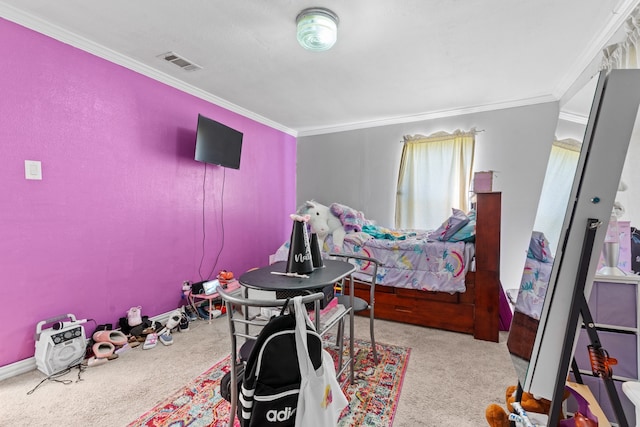 bedroom featuring crown molding and light carpet