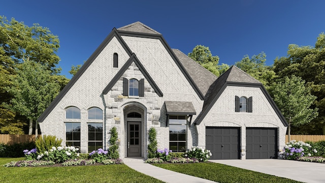 french country home featuring a front lawn and a garage