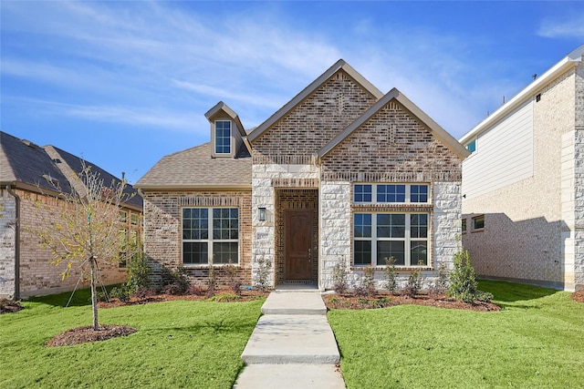 french country style house with a front lawn, a shingled roof, and brick siding