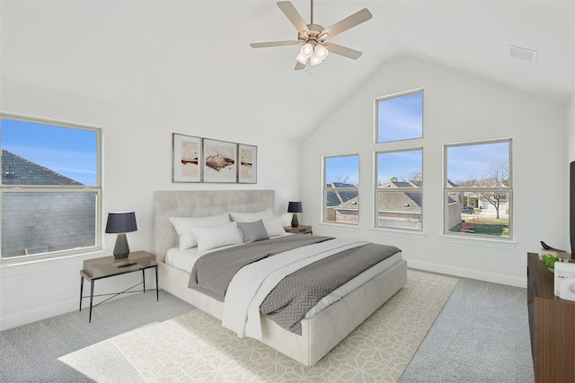 bedroom featuring a ceiling fan, visible vents, carpet floors, and baseboards