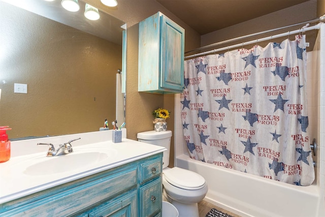 full bathroom with shower / bath combination with curtain, toilet, and vanity