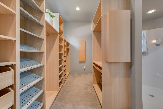 walk in closet featuring light carpet