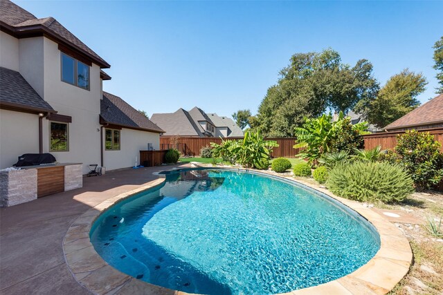 view of pool with area for grilling, a patio area, and a diving board