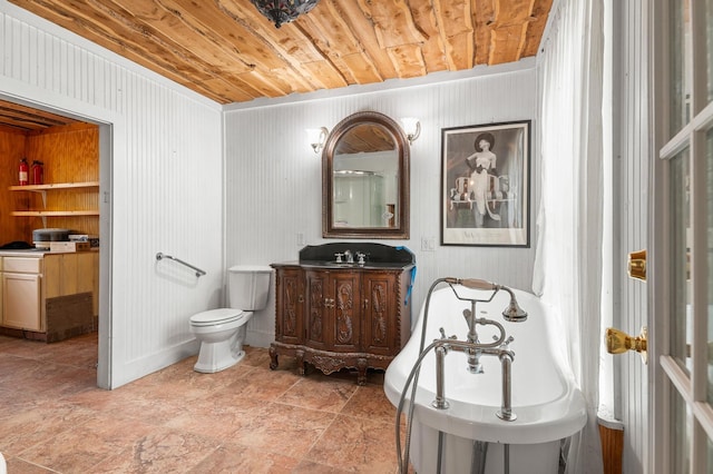 bathroom featuring wooden walls, vanity, wood ceiling, and toilet