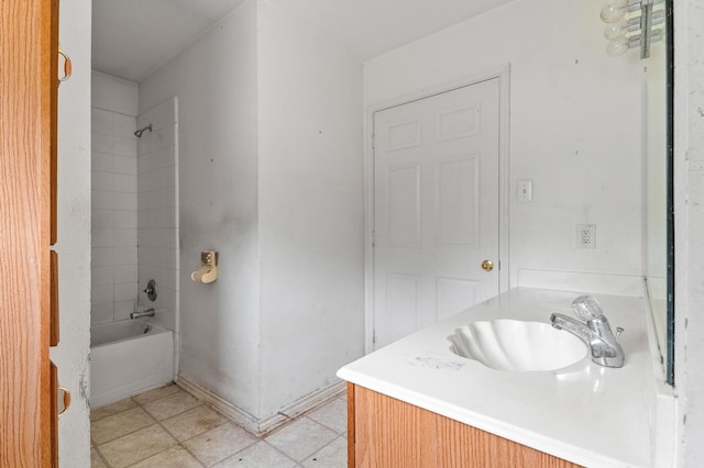 bathroom with tiled shower / bath, vanity, and tile patterned flooring