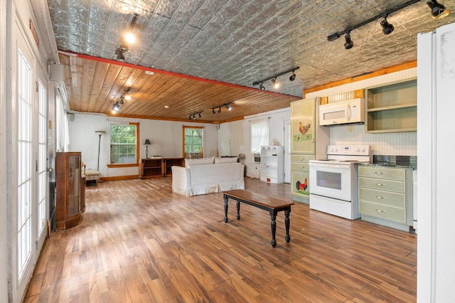 kitchen featuring wooden ceiling, white appliances, hardwood / wood-style floors, and track lighting